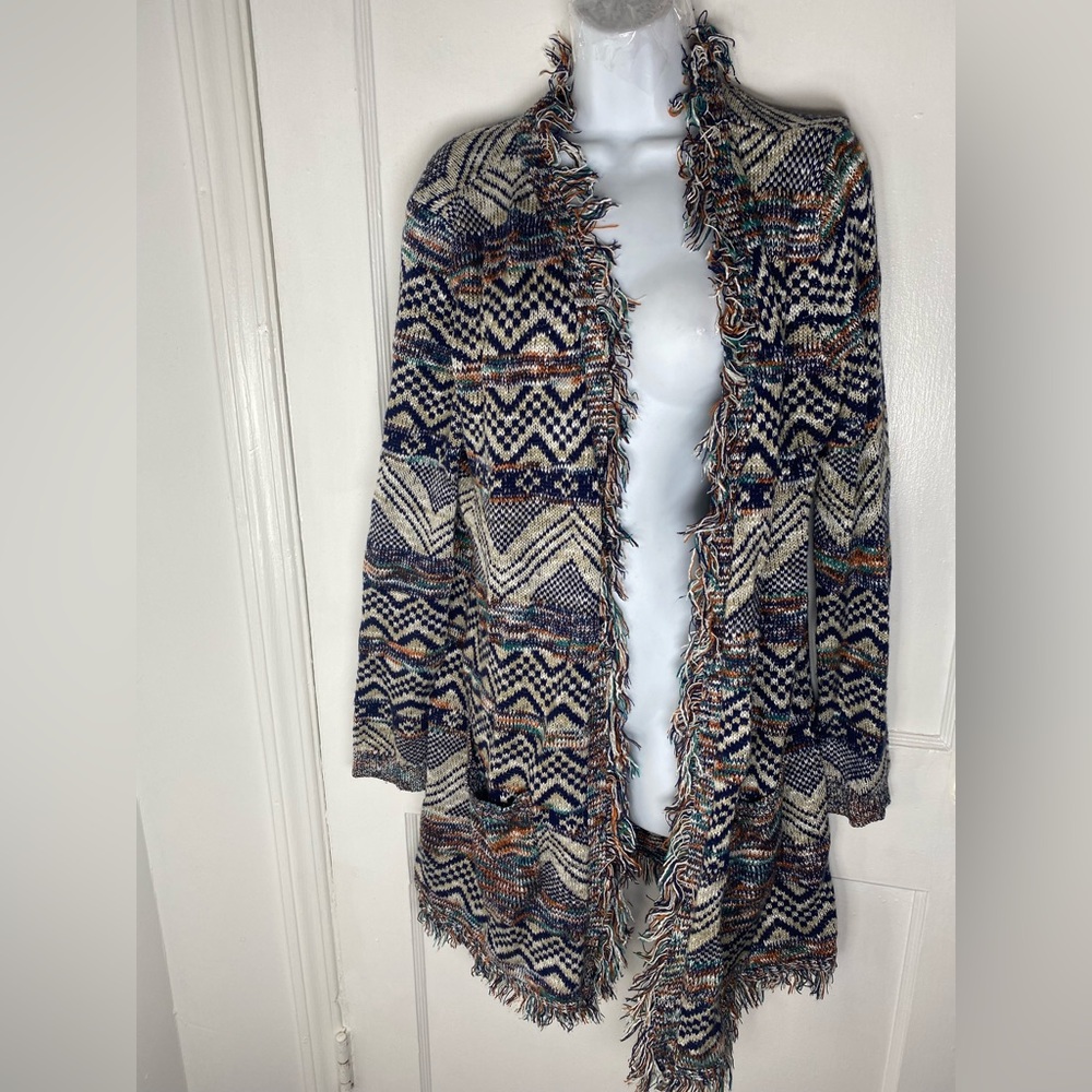 new directions Multicolor Fringe Open Front Cardigan - Cream, Navy, Brown, Teal - Picture 2 of 4